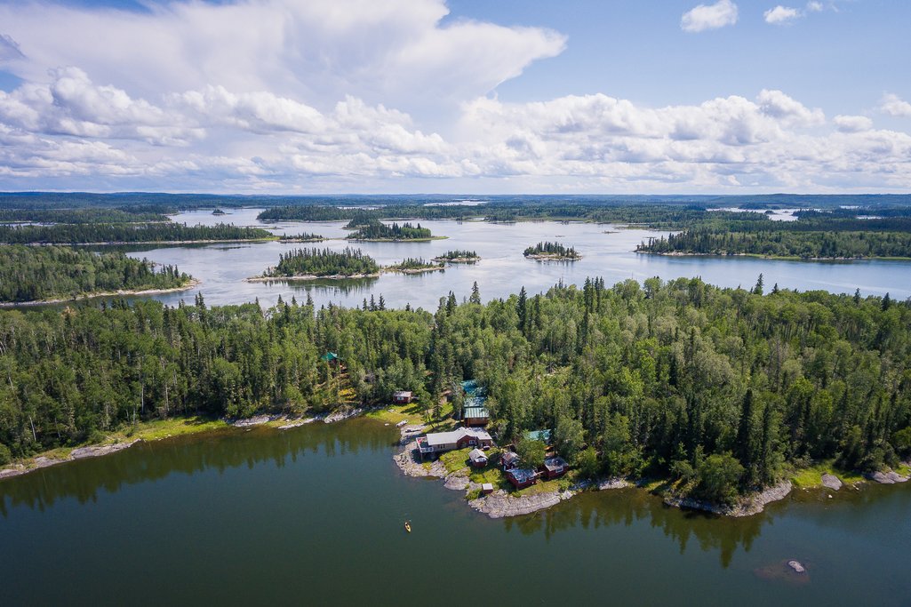 aerial view of Twin Falls Lodge on the Churchill River in Saskatchewan.