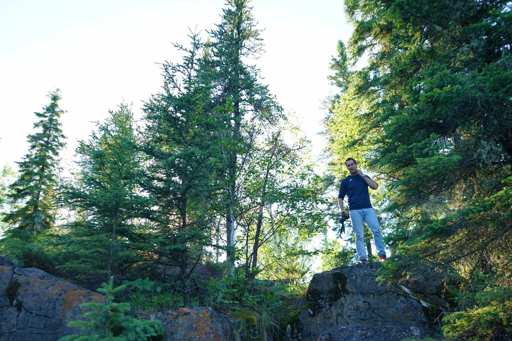 Looking up at a person standing on a limestone rock wall in the forest