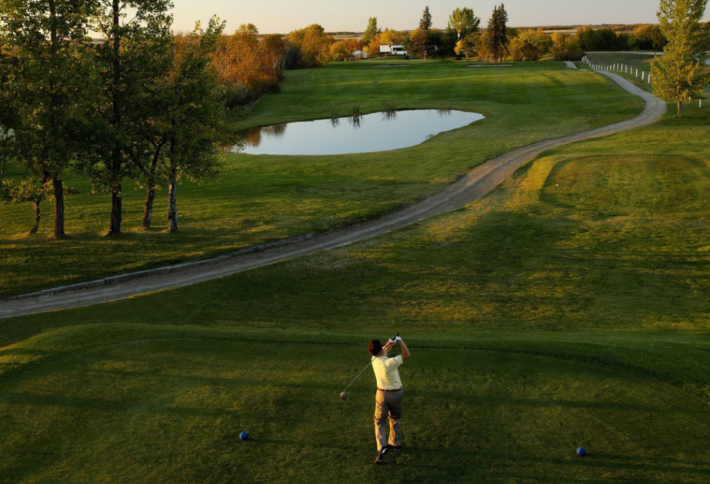 aerial picture of person who just hit their golf ball at Manitou Beach golf course