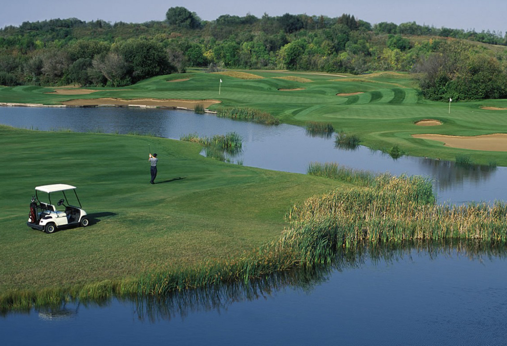 aerial picture of a person standing beside a golf cart surrounded by water hazards at Moon Lake golf course