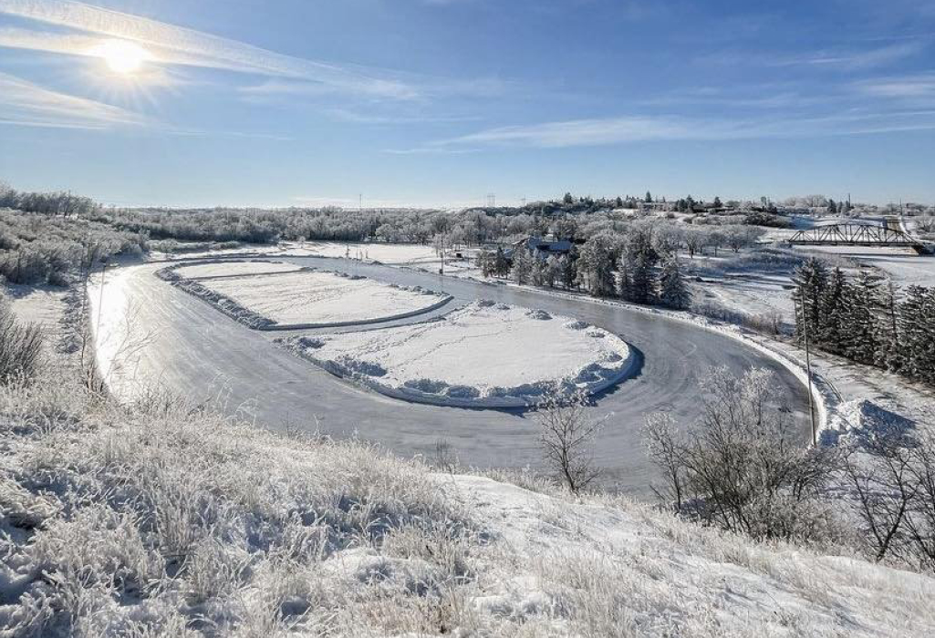 aerial photo of ice skating path in moose jaw