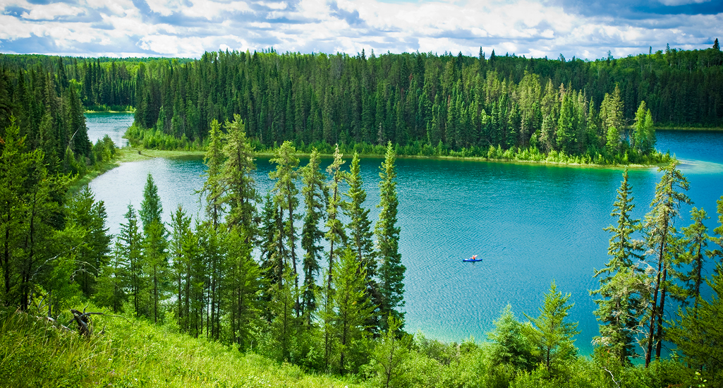 view of gem lakes in Narrow Hills Provincial Park with turquoise blue water and boreal forest around