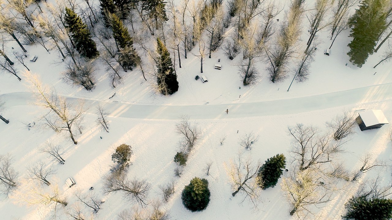 seen from a bird’s eye view, a person ice skates along a narrow path surrounded by trees in winter